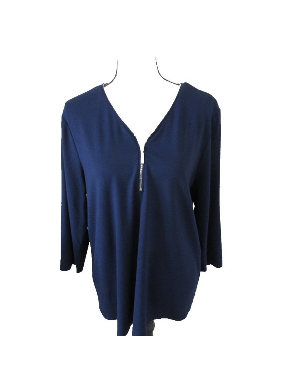 Chicos Womens Size 3 USA 16/18 Knit Top 3/4 Sleeve Navy Blue  Zip Front V-Neck